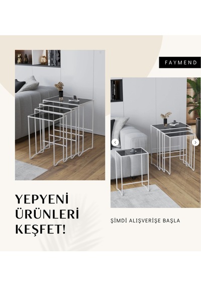 Faymend Mimoza 4 Lü Zigon Sehpa, Metal Sehpa, Cam Sehpa 'beyaz - Füme' Beyaz - Füme Cam