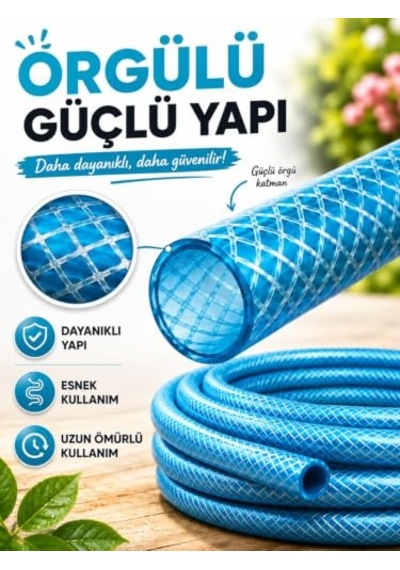 Beylini 1/2" 25 Metre Örgülü Bahçe Hortumu Balkon Bahçe Sulama Temizlik Araç Yıkama Su Hortumu Dolanmaz Kırılmaz Yeşil Mavi, 1/2" 25 Mt