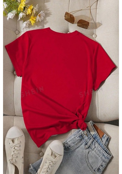 Unisex Pamuklu Ön Baskılı Papatya Kelebek Baskılı Kısa Kol T-shirt Kırmızı