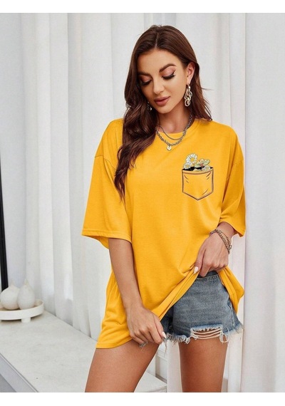 Cep Detay Baskılı T-shirt - Sarı Oversize Bisiklet Yaka Kısa Kol Sari