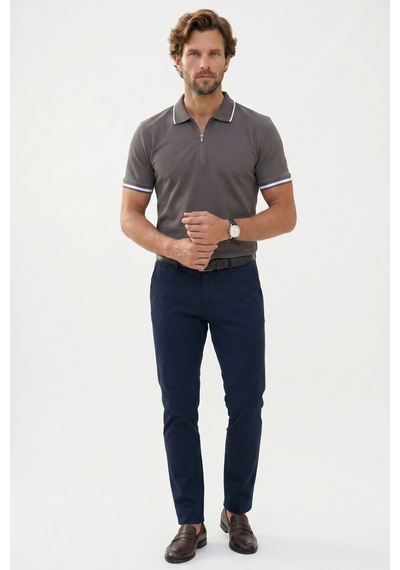 Tudors Erkek Slim Fit Dar Kesim %100 Pamuk Jakarlı Düz Yaka Ve Kol Detaylı Gri Polo Yaka Tişört-50216