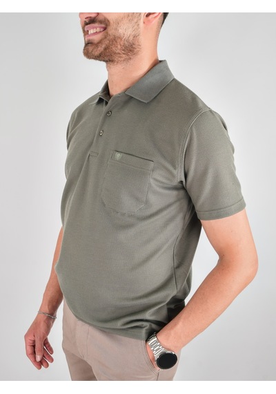 Erkek Yakalı Cepli Waffle Açık Haki Baba Tshirt