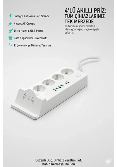 Akım Korumalı Priz Ve Masaüstü Şarj İstasyonu Kablosuz 4 Priz ,4 Usb, 2 Type-c Girişli 2 Metre