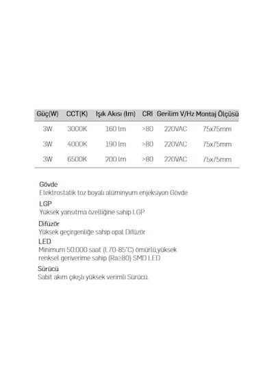 Lamptime Sıva Altı Led Spot Beyaz Gövde 3W 6500K Kare 260627