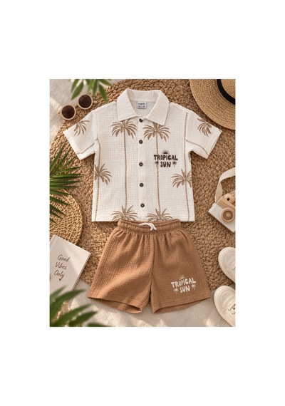 Uğur Bebe Erkek Çocuk Tropikal Palmiye Desenli Müslin Gömlek Şort Takım Tropical Sun Yazlık 2 Li Kombin Bej Bej Uğur Bebe Erkek Çocuk Tropikal Palmiye Desenli Müslin Gömlek Şort Takım Tropical Sun Yazlık 2 Li Kombin Bej Bej