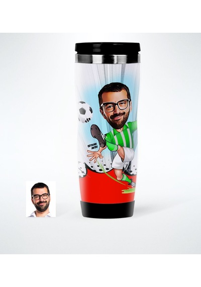 Kişiye Özel Bay Futbolcu Yeşil Beyaz Karikatürlü Çelik Termos Bar Beyaz - Yeşil
