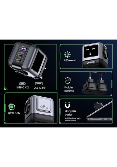 UGREEN Nexode RG 65W Robot GaN Hızlı Şarj Cihazı 2xUSB-C - 1xUSB-A Gri