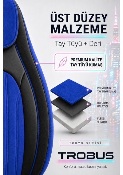 Fiat Albea 2002-2012 Bel Destekli Tay Tüyü Koltuk Kılıfı Tokyo Serisi Mavi Siyah
