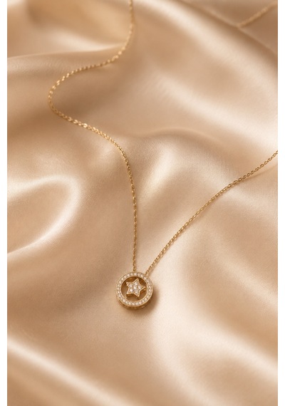 Balenbi Jewelry Yıldız Motifli Taşlı Kararmaz Çelik Kadın Kolye 14k Gold 1161 Altın