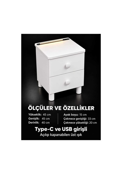Modern Çekmeceli Komodin, Type-c Ve Usb Girişli, Led Işıklı Başucu, Yatak Odası, Koltuk Yanı Sehpası Beyaz - 931981058 Beyaz