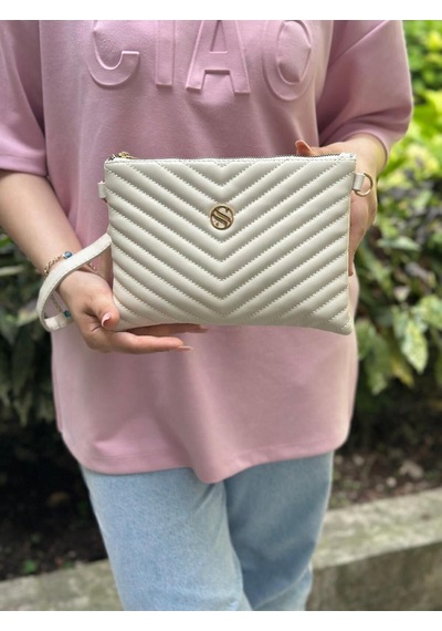 Kadın Suni Deri Krem Renkli Ayarlanabilir Çapraz Ve El Askılı Portföy, Clutch Çanta Krem