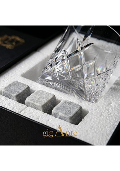 Gigante Deluxe Bohemia Kristal Viski Bardağı Seti, 320 Ml, 2 Bardak Ve 6 Mermer Viski Taşı, Kristal Kesim Desen, Hediye Kutusu Şeffaf