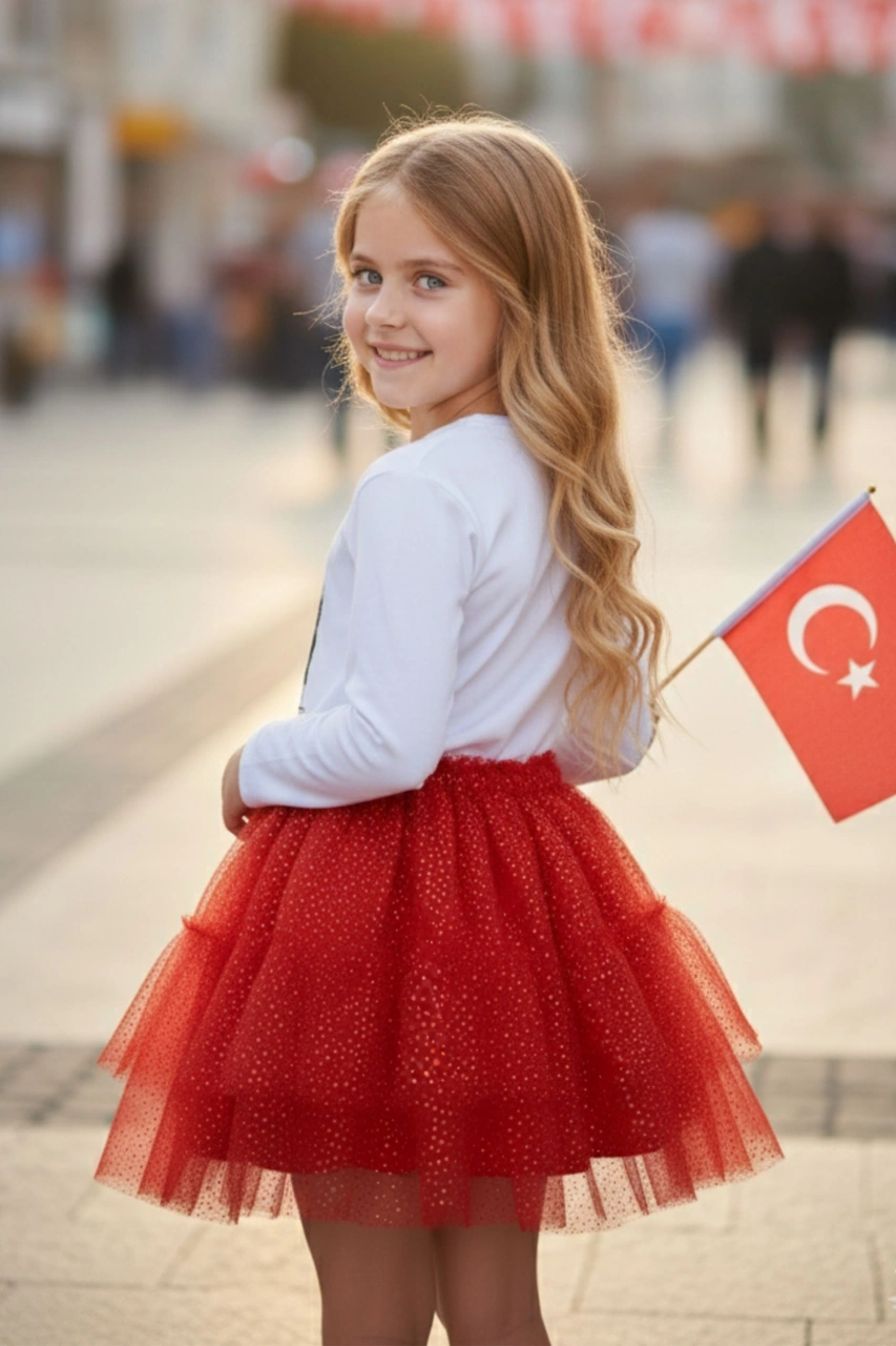 Kız Çocuk Simli Kırmızı Tütü Etek Milli Bayramlara Özel Yaldızlı Astarlı Tütü Kız Çocuk Etek Kırmızı