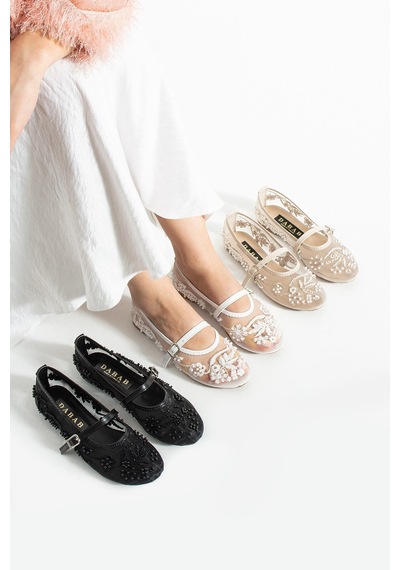 Dabab Shoes Flora Kadın Siyah İnci İşlemeli Tül Dokulu Bantlı Babet Düz Ayakkabı