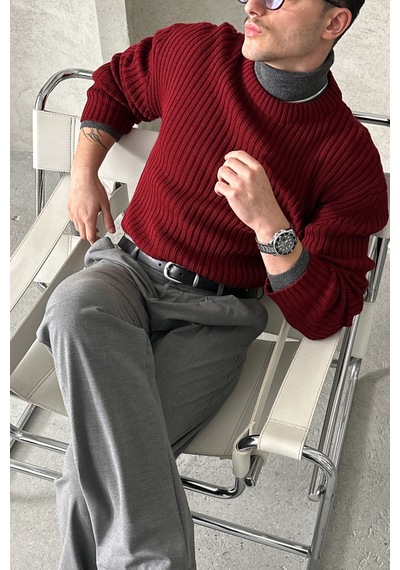 Erkek Fitilli Örme Oversize Kazak Bordo