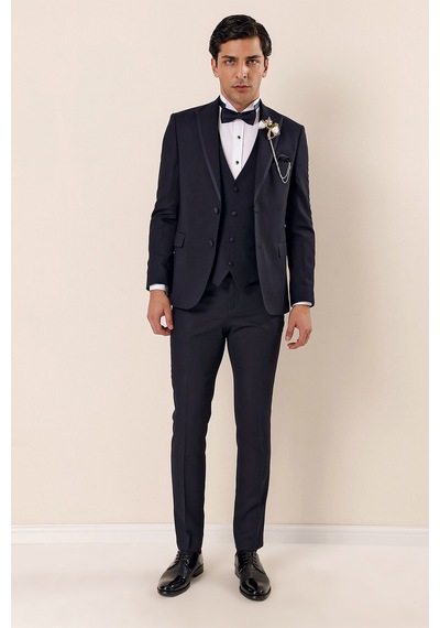 İmza Desenli Çıkarılabilir Kırlangıç Yaka Tam Astar Yelekli 6 Drop Slim Fit Dar Kesim Smokin Damatlık 1001225203-Koyu Lacivert İmza Desenli Çıkarılabilir Kırlangıç Yaka Tam Astar Yelekli 6 Drop Slim Fit Dar Kesim Smokin Damatlık 1001225203-Koyu Lacivert
