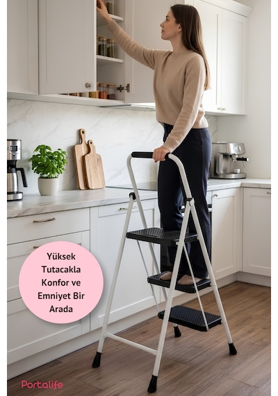 Portalife 4 Basamaklı Uzun Tutacaklı Şık Siyah Çelik Merdiven 150 Cm'ye Kadar
