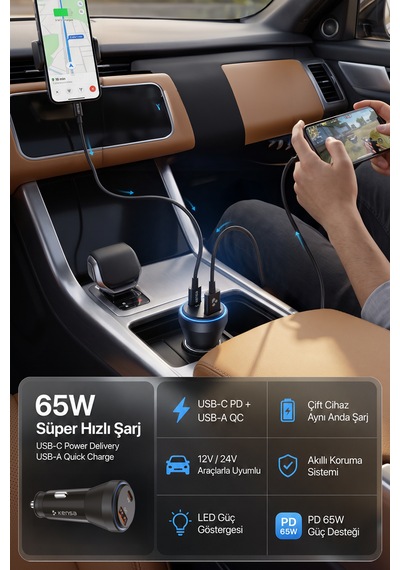 Kensa 65w Çift Portlu Hızlı Araç Şarj Cihazı Usb-c Pd & Usb-a Qc Akıllı Koruma 65w Araç Şarj Cihazı