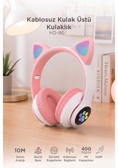 Bluetooth Kulaklık Kulak Üstü Kedi Tasarımlı Kablosuz Kulaklık Hd90