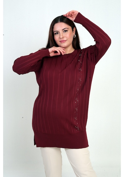 By Saygı Kadın Yanı Taş Detaylı Büyük Bedentunik Bluz Bordo