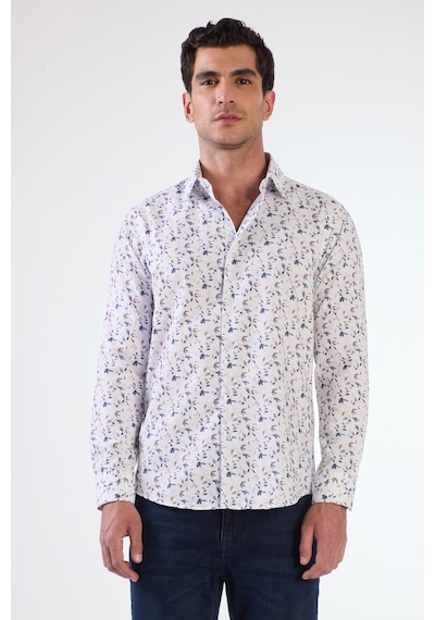 Dufy Mavi Erkek Slim Fit Çiçek Desenli Brent Yaka Uzun Kol Gömlek - 104790 Mavi