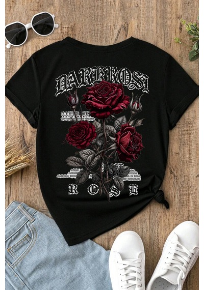 Spoyi Bordo Gotik Gül Tasarımlı %100 Pamuk Yarım Oversize Siyah T-mhirt