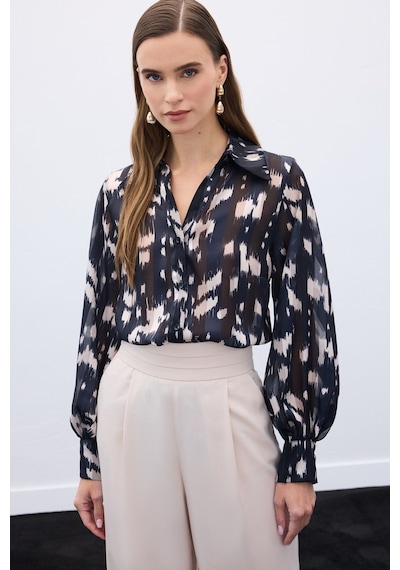 Sateen Geniş Manşetli Desenli Gömlek - Siyah-136583 Siyah