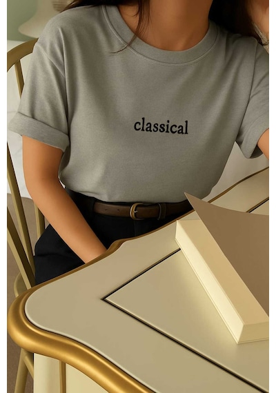 Classıcal Baskılı Oversize Unisex Tişört Gri