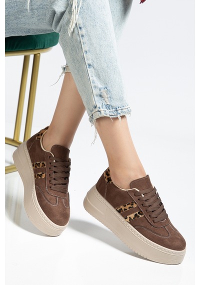 Bahrina Kadın Kalın Tabanlı Sneaker Kahve Süet Leopar