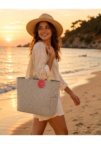 Faralya Life Çıtçıtlı Çift Saplı Kısa Ve Uzun Sap Lacivert Çizgili %70 Pamuk %30 Polyester Çift Cepli 50 42 Ölçüde Omuz Çantası Çok Amaçlı Kadın Çanta Plaj Çantası