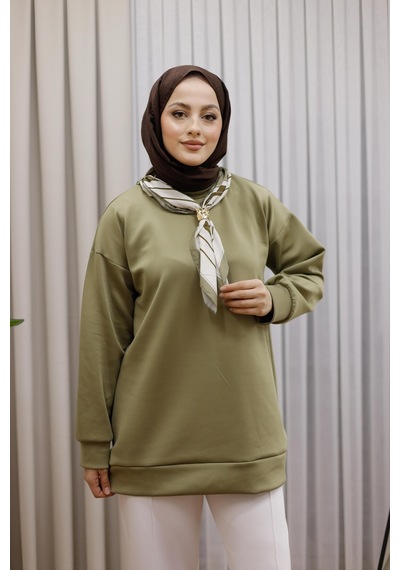 Moonsc Kadın Regular Fit Pamuklu Yaka Fularlı Bisiklet Yaka Haki Tunik