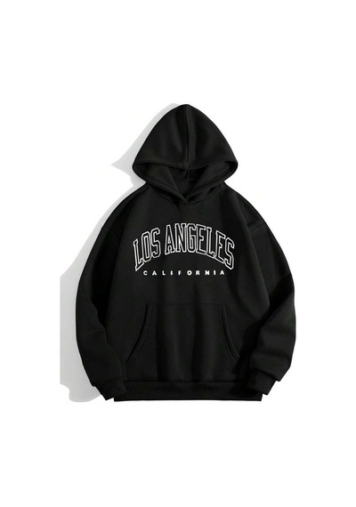 Los Angeles California Sweatshirt - Siyah Baskılı Oversize Kapüşonlu Siyah