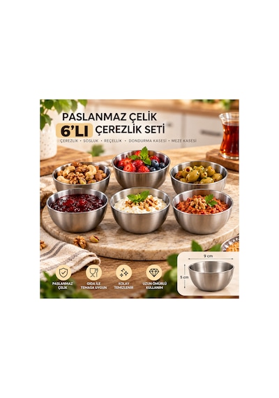 6 Lı Paslanmaz Çelik Kase Seti Çerezlik Sosluk Reçellik Zeytinlik Mezelik Gri Paslanmaz Çelik 180 Ml Gümüş
