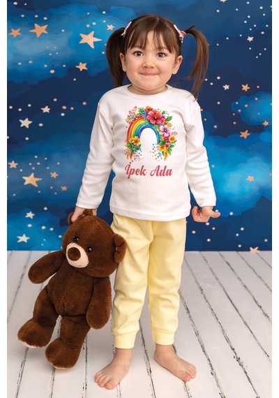 Pia Baby İsme Özel Kız Çocuk 2 Adet Pijama Takımı %100 Pamuk Penye İsim Baskılı Kişiye Özel Kreş Pijaması Hediye Seti 10052s15pi Krem