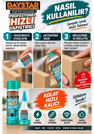 Daystar Profesyonel Hızlı Yapıştırıcı 3 Lü Set Mdf Ahşap Plastik Metal Uyumlu Aktivatörlü Güçlü Ya