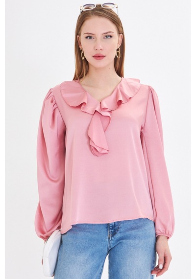 Armonika Kadın Açık Pembe Yakası Fırfırlı Omuzu Büzgülü Kolu Lastikli Pamuk Saten Bluz Arm-22k001059