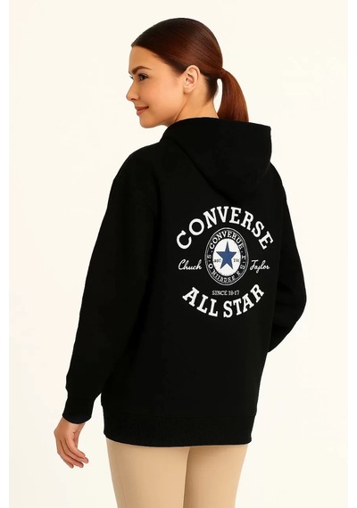 Üç İplik Kapşonlu Ön Ve Arka Baskılı Sweatshirt Hoodie- Siyah Siyah