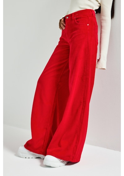 Itsbasic Kadın Kırmızı Renk Hera 26w5-19 Palazzo Fit Kalın Fitilli Velvet Kadife Kumaş Pantolon