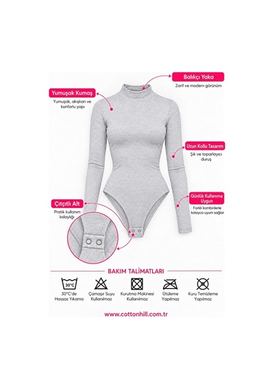 Cottonhıll Premium - Drape Collection Gri Melanj Viskon Balıkçı Yaka Uzun Kollu Çıtçıtlı Kadın Bodysuit