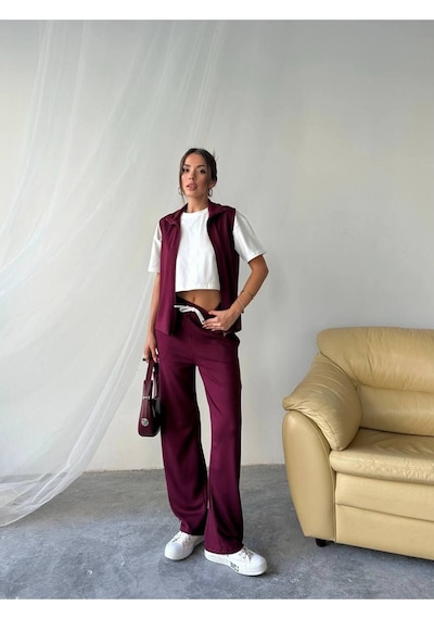 Rawea T-shirtlü Yelekli Eşofman Takımı 3'lü - Boru Paça & Slim Fit Bordo