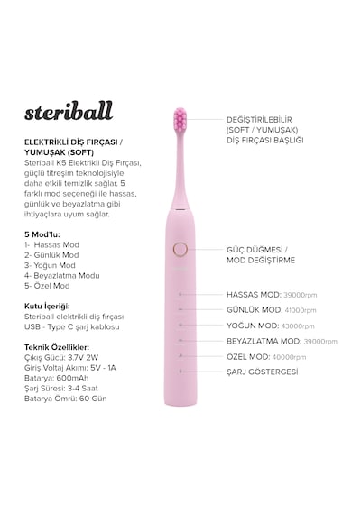 Steriball Elektrikli Diş Fırçası Pembe - 5 Farklı Mod Değiştirilebilir Fırça Başlığı Type-c Şarj Şarjlı