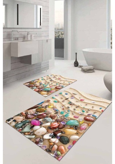 Renkli Deniz Kabuklu Banyo Halısı Klozet Paspas Seti Bs102n11 Çok Renkli