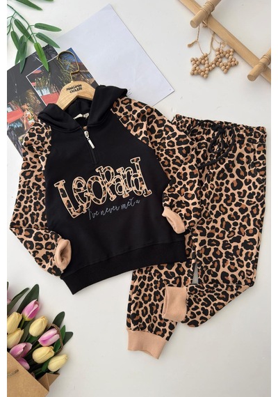 Miniğimin Cicileri Leopard Kapüşonlu Kız Çocuk Leopar Eşofman... Siyah
