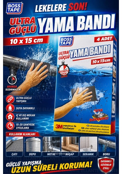 Ultra Güçlü Yama Bandı Çatlak, Delik Ve Su Kaçaklarına Kalıcı Çözüm 4 Adet