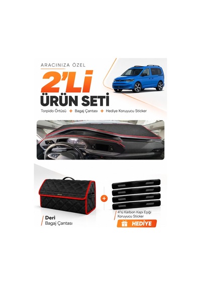 Volkswagen Caddy 2022-2026 Uyumlu Torpido Örtüsü + Deri Bagaj Çantası + Sticker - Siyah Kırmızı