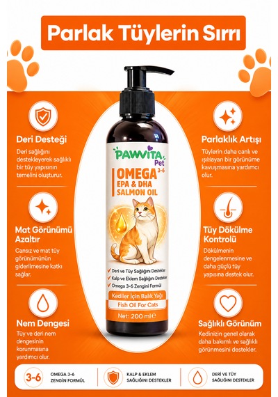 Pawvitapet Kediler Için Omega 3-6 Balık Yağı Tüy Ve Deri Bakımı Epa Dha Destekli 200 ML