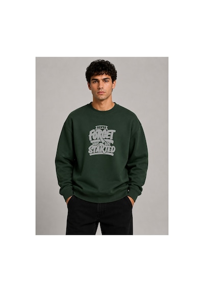 Herkesemoda Forget Started Baskılı Bisiklet Yaka Şardonlu 2 İplik Sweatshirt Yeşil