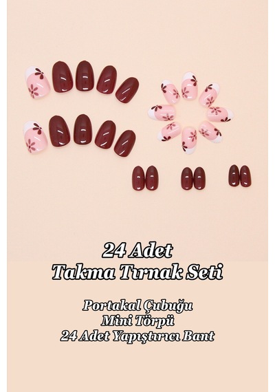 Kısa Bordo French Takma Tırnak 24 Adet Takma Tırnak Seti W1771 Bordo Çiçekli