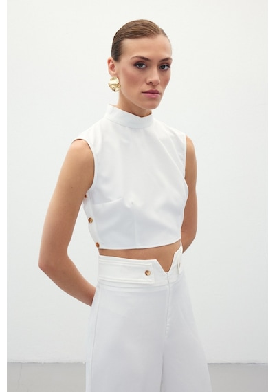 Sateen Çıt Çıt Detaylı Crop Bluz - Ekru-134919 Ekru