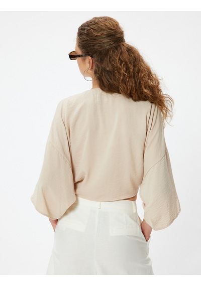 Koton Crop Üst V Yaka Bağlama Detaylı Oversize Kimono Kol Bej 4sal50001ıw Ekru